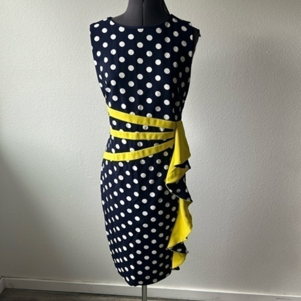 I LE New York dress size 8 black white polka dot yellow trim